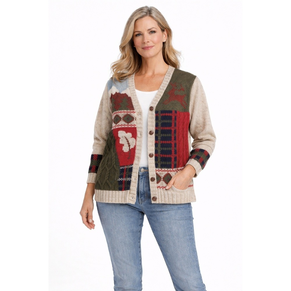 AT EASE Cardigan Sweater Patchwork Fair Isle Knit Multicolor Cottagecore‎ Medium